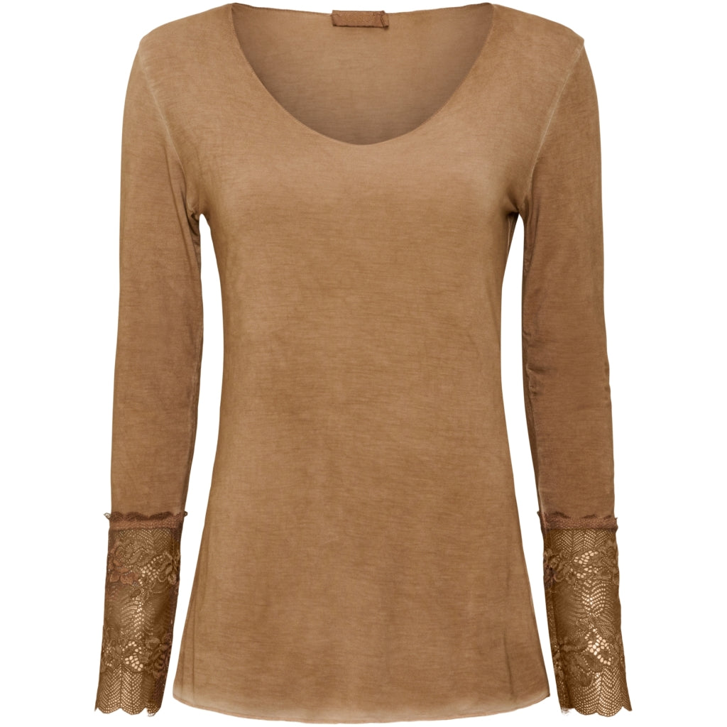 MARTA DU CHATEAU Bluse med blondeærmer 10422 Shirt Tabacco