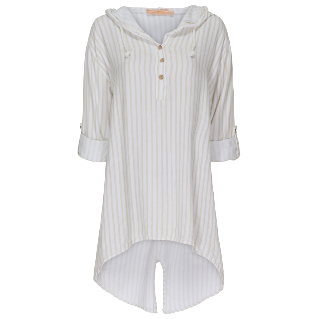 MARTA DU CHATEAU Marta Dame Løstsiddende bluse med hætte 3125 strib Shirt Stripe Beige